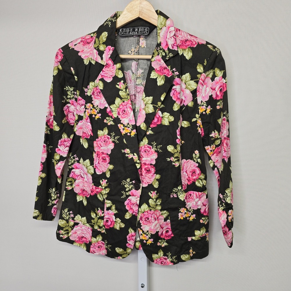 Last Kiss‎ Women Floral Rose Print Black Blazer Jacket Size L